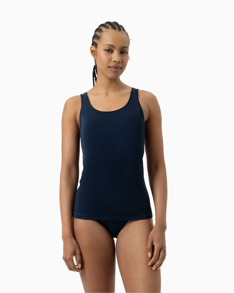 Navy blue tank top by Mey with seamless sides and wide straps