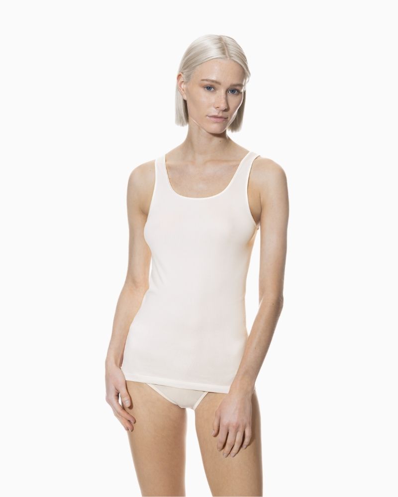 Champagne-coloured tank top by Mey with wide straps and seamless finish
