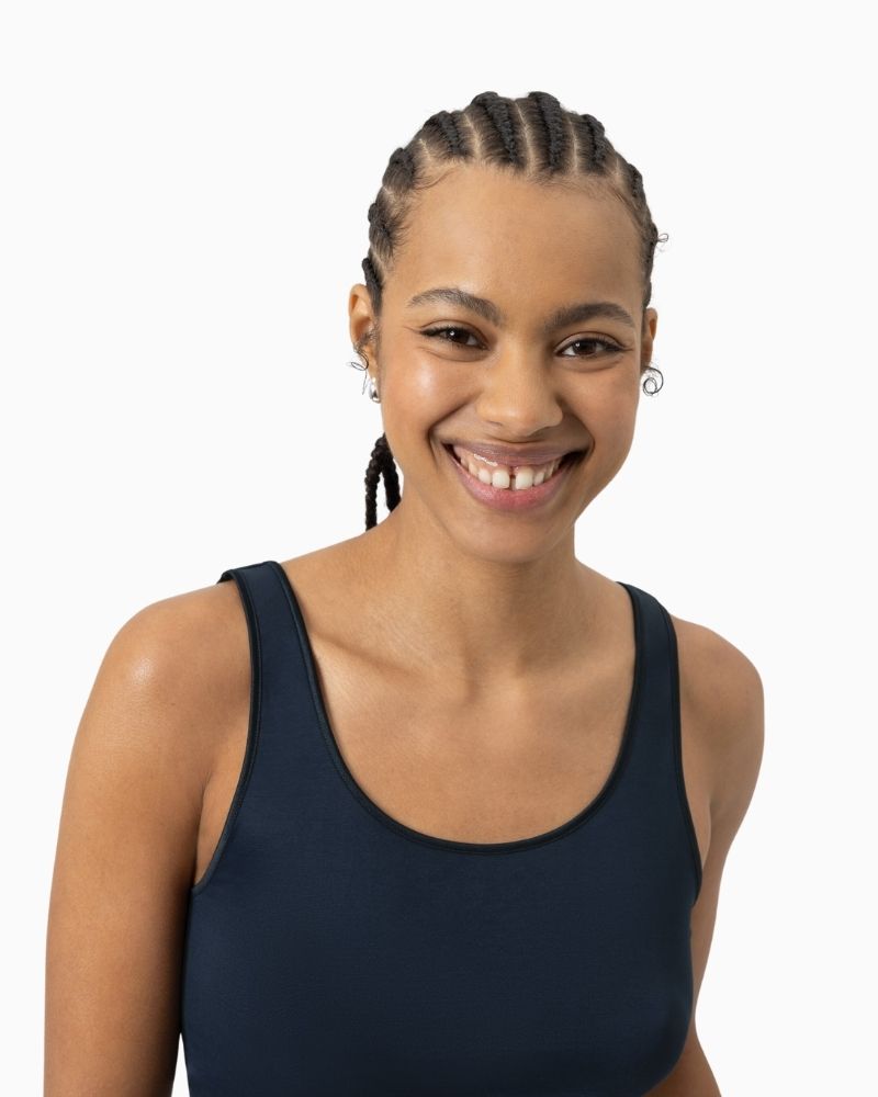 Navy blue tank top by Mey with seamless sides and wide straps