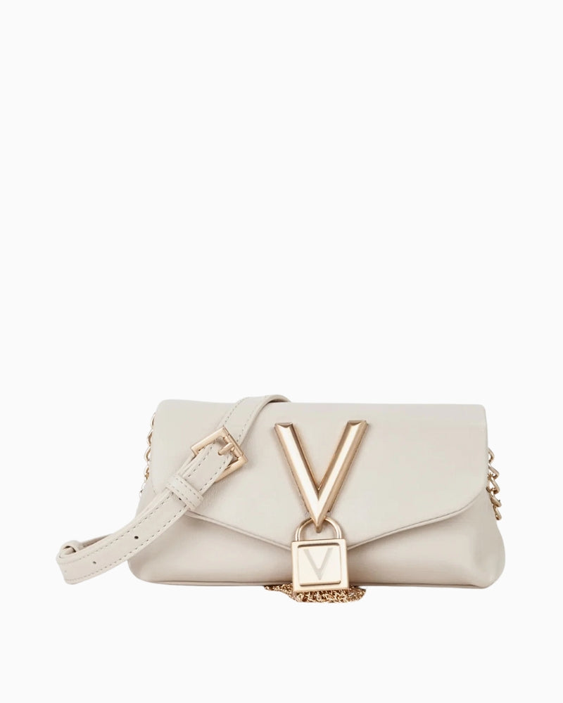 Miriade Stella mini shoulder bag in beige faux‑nappa with pendant detail
