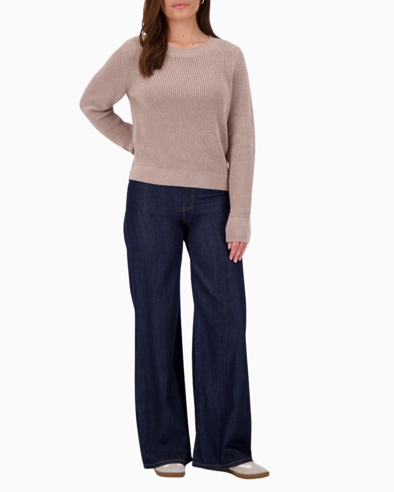 Model wearing shimmer cotton jumper by Monari with regular fit