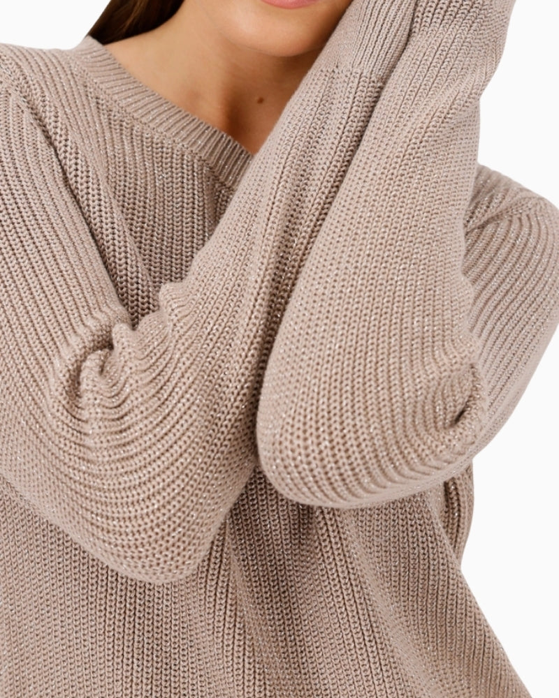 Close-up of Lurex thread detail on Monari basic knit jumper