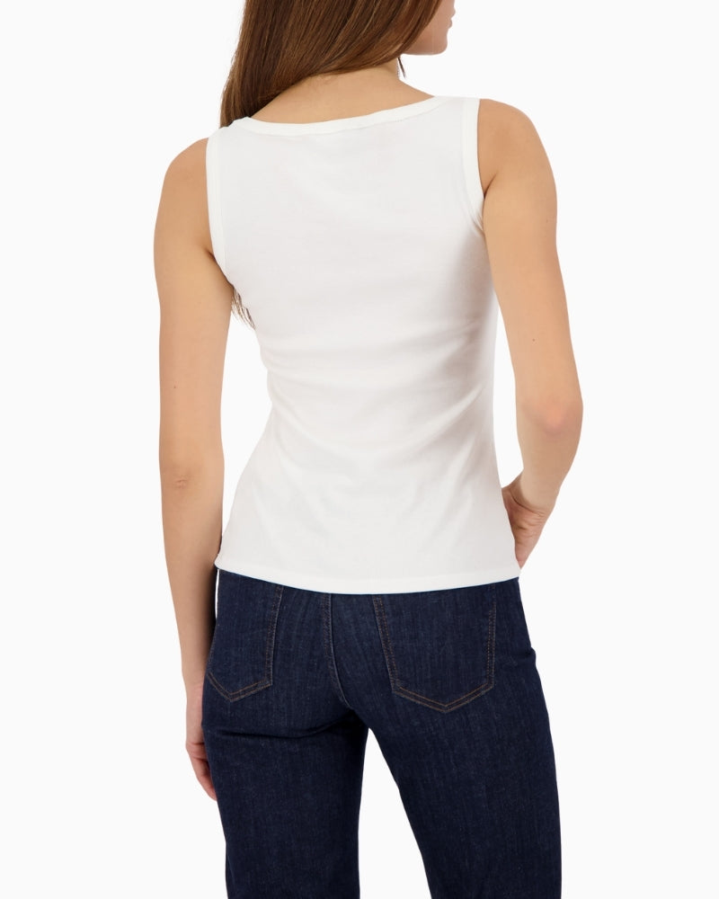 Monari basic top off white back view showing scoop neckline – Áines Boutique