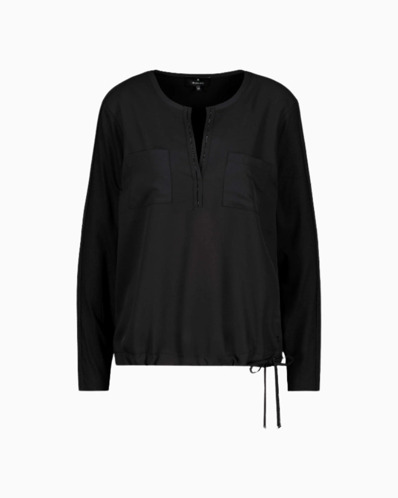 Front view of Monari black blouse with satin-look front and rhinestone neckline