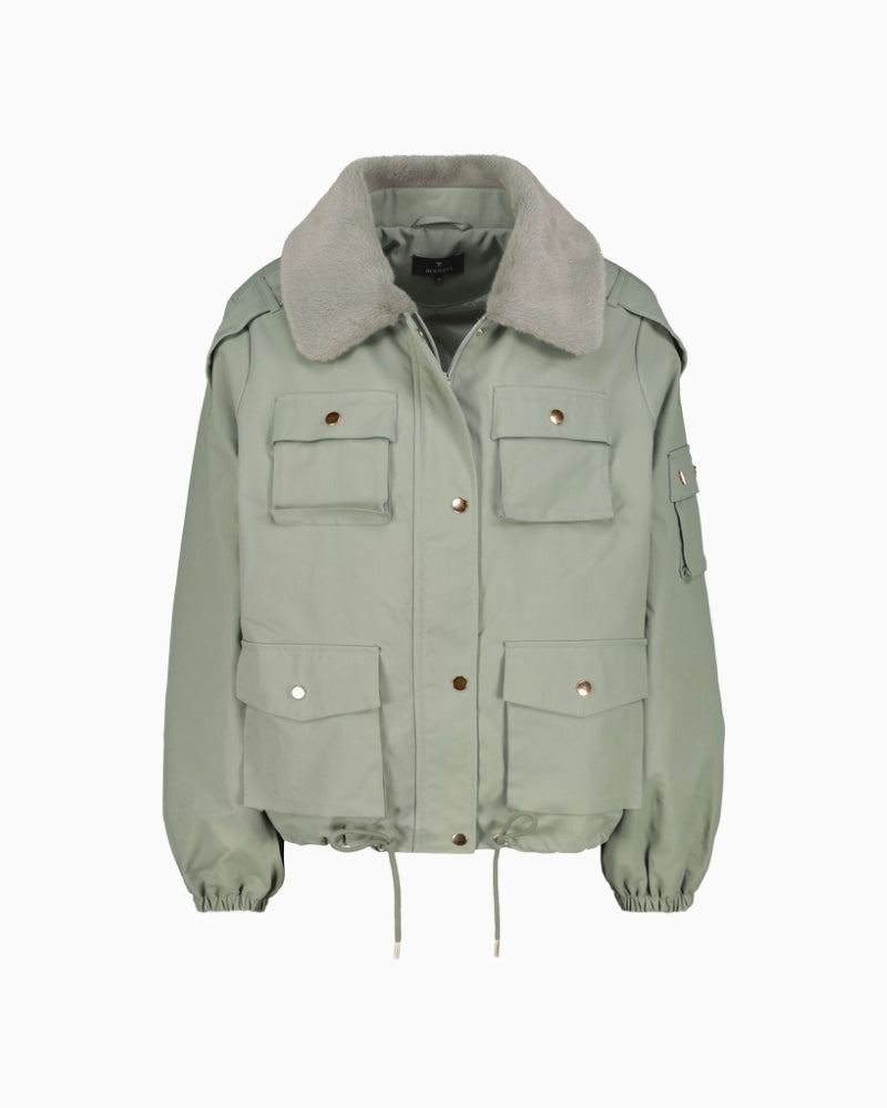 Front view of utility-style jacket with concealed zip and drawstring hem
