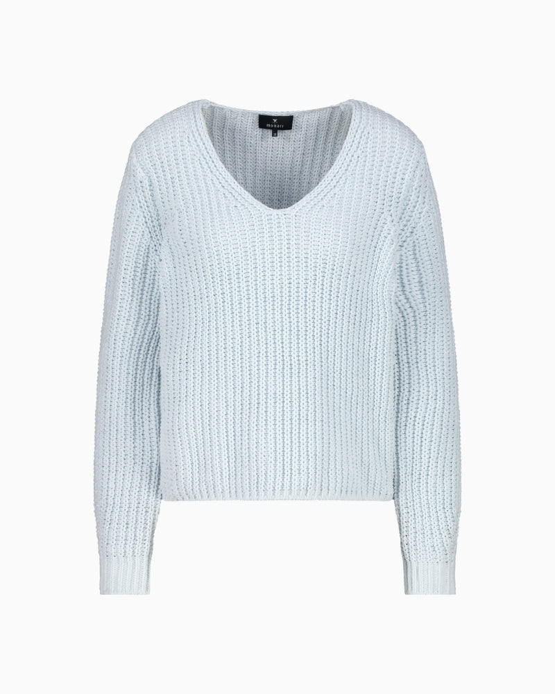 Front view of soft knit chenille jumper in pastel blue