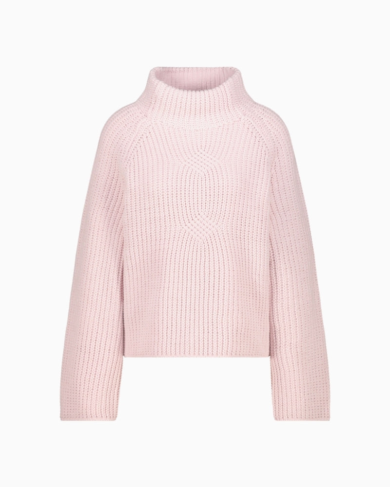 Front view of textured chenille pullover with stand-up collar