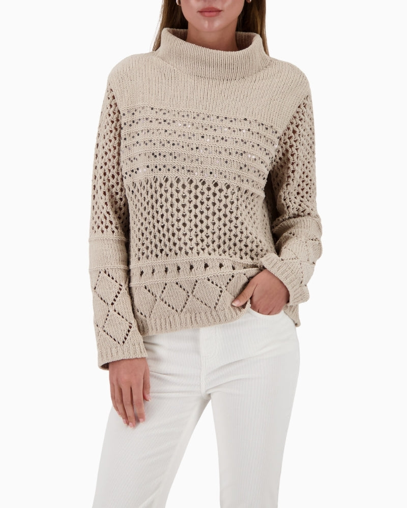 Monari beige chenille jumper with openwork pattern and sequins