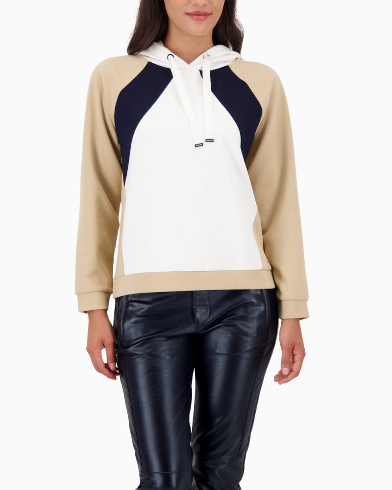White and neutral colourblock hoodie by Monari with soft stretch fabric
