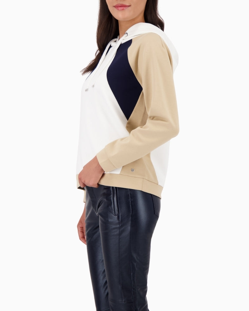 White and neutral colourblock hoodie by Monari with soft stretch fabric
