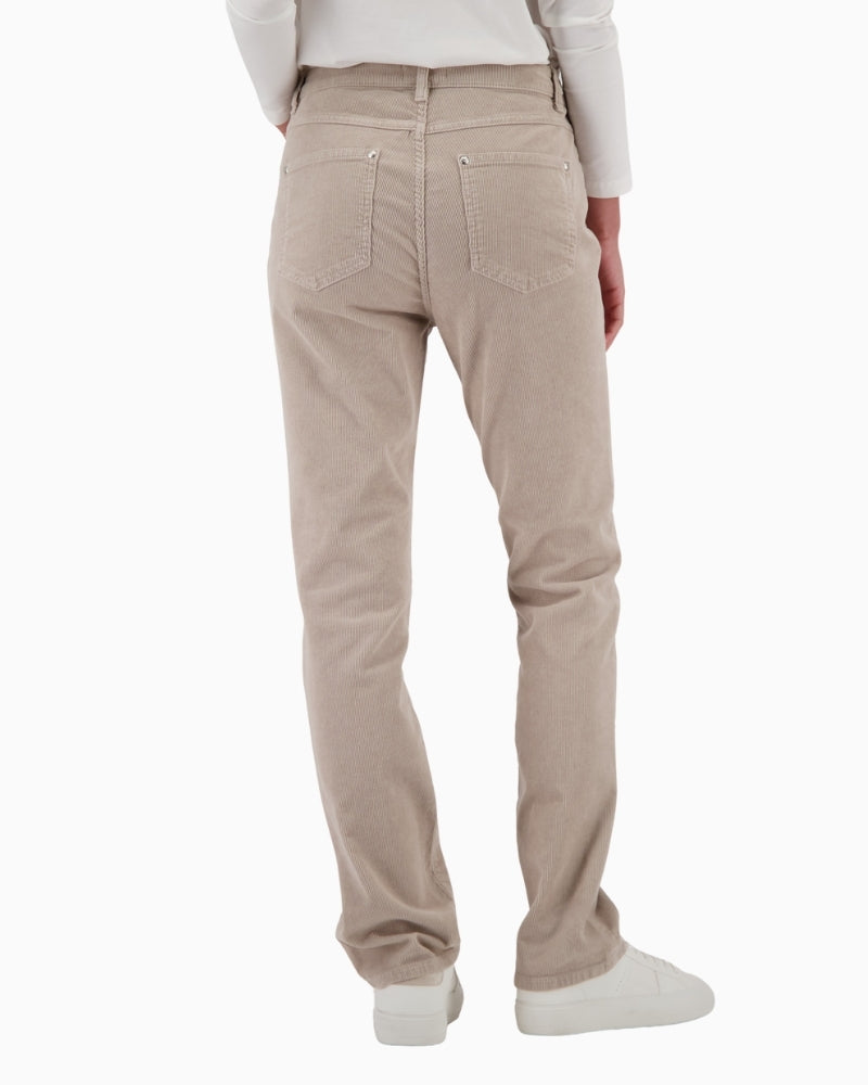 Back view of stretch cotton cords in neutral beige