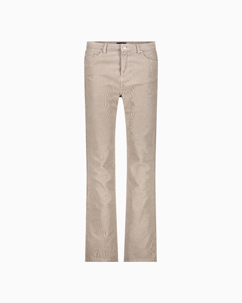 Front view of cord trousers with fine rib texture