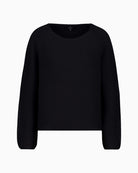 Front view of black cotton Monari sweater with round neckline and rhinestone sleeve detail