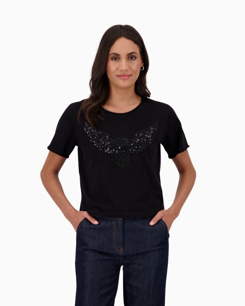 Black cotton T-shirt by Monari with eagle print and pearl detail