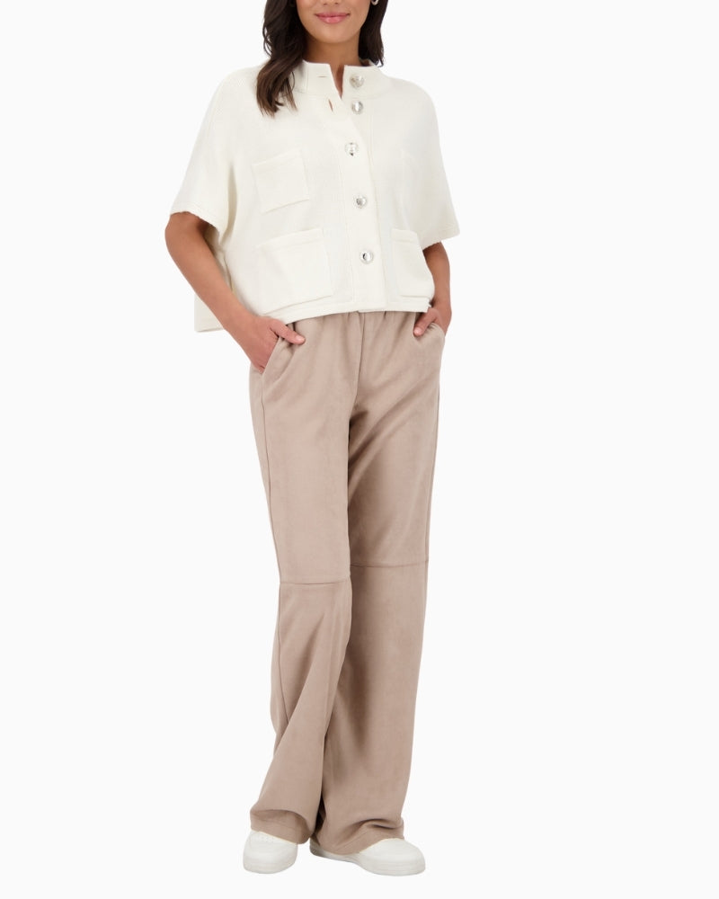 Front view of Monari faux suede trousers in olive with side pockets