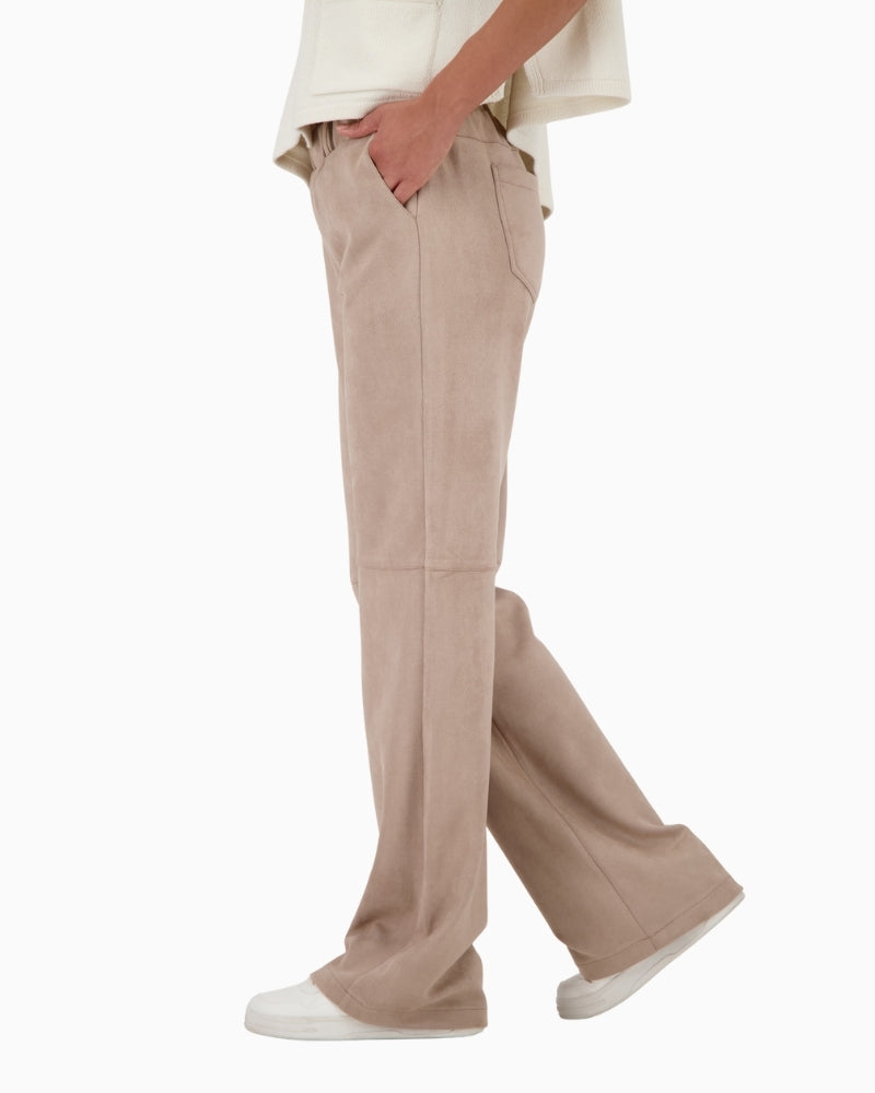 Side view of Monari faux suede trousers in olive with side pockets