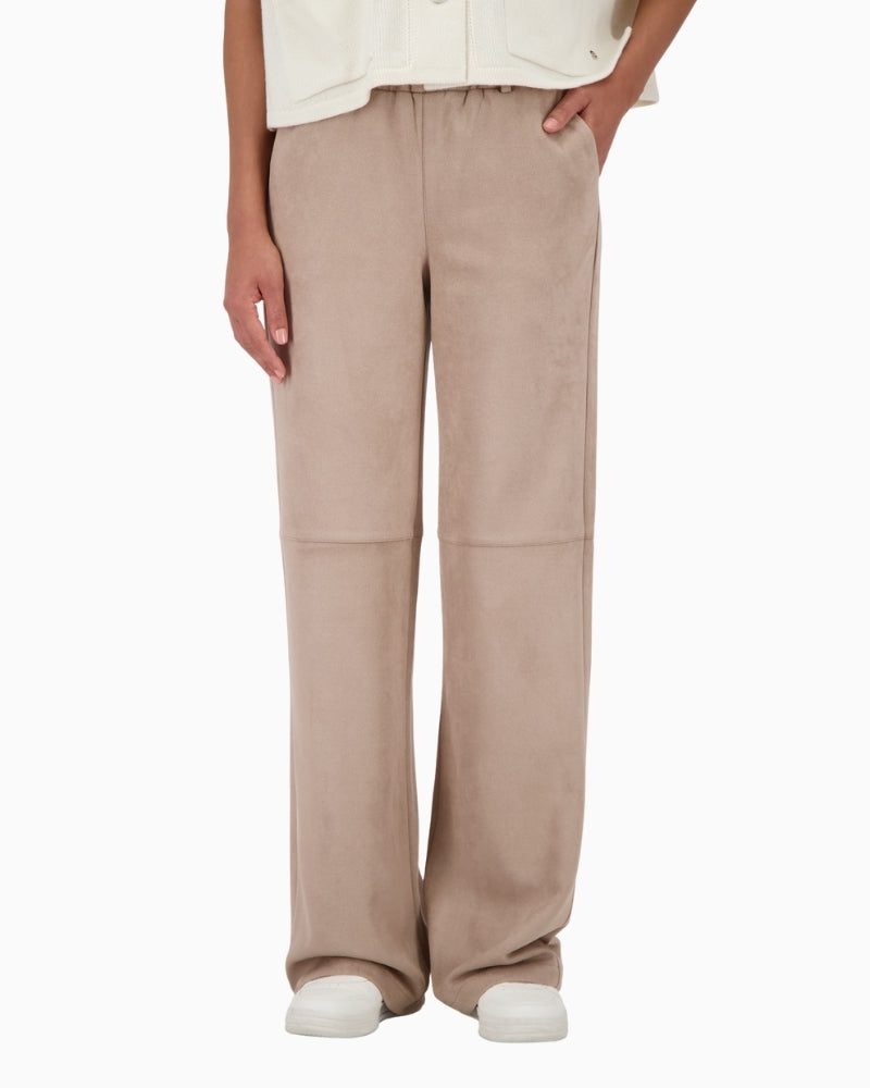 Front view of Monari faux suede trousers in olive with side pockets