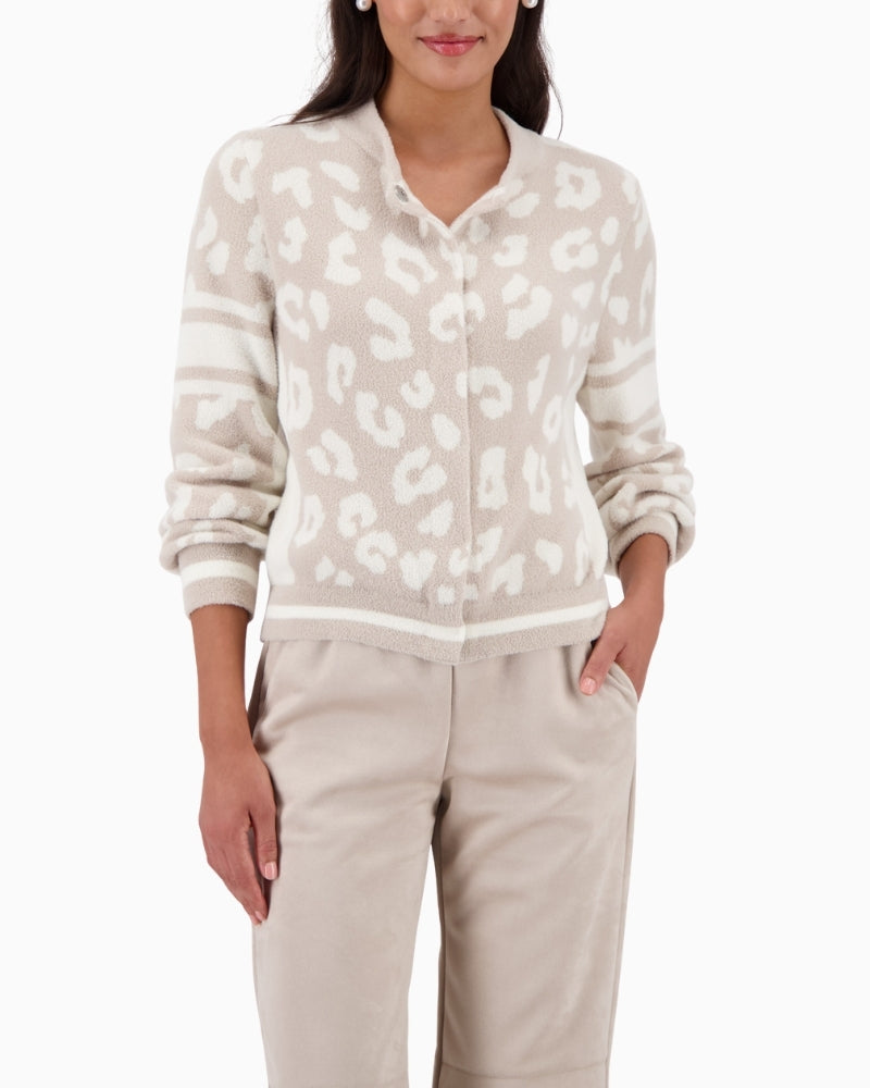 Monari fluffy leopard cardigan in beige and off-white
