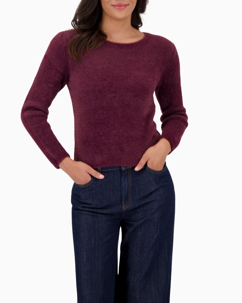 Monari fluffy lurex pullover in beige with round neck and long sleeves