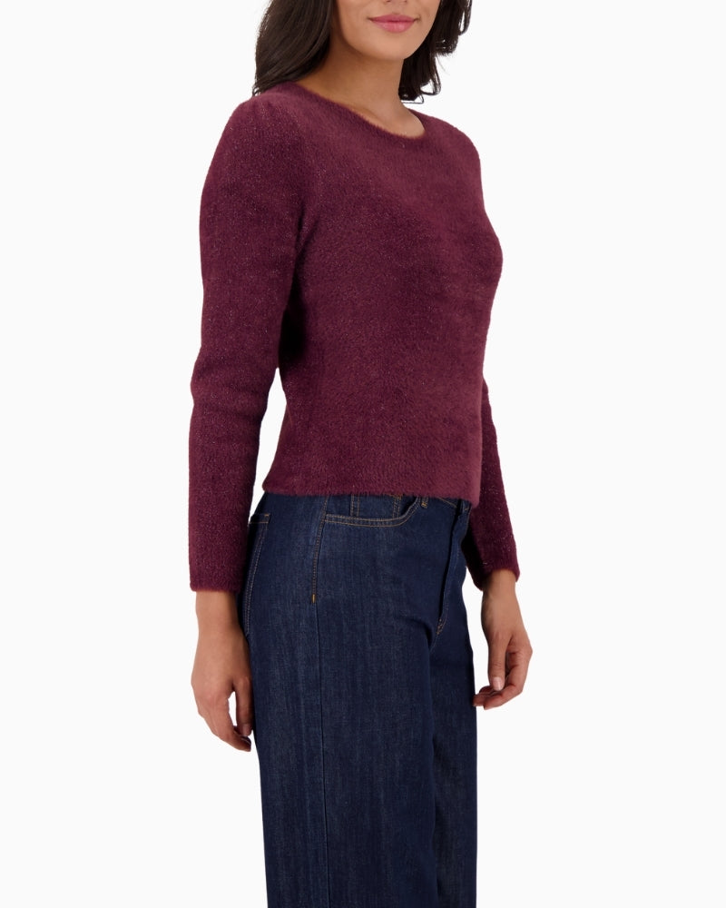 Side view of Monari fluffy lurex pullover in beige with round neck and long sleeves