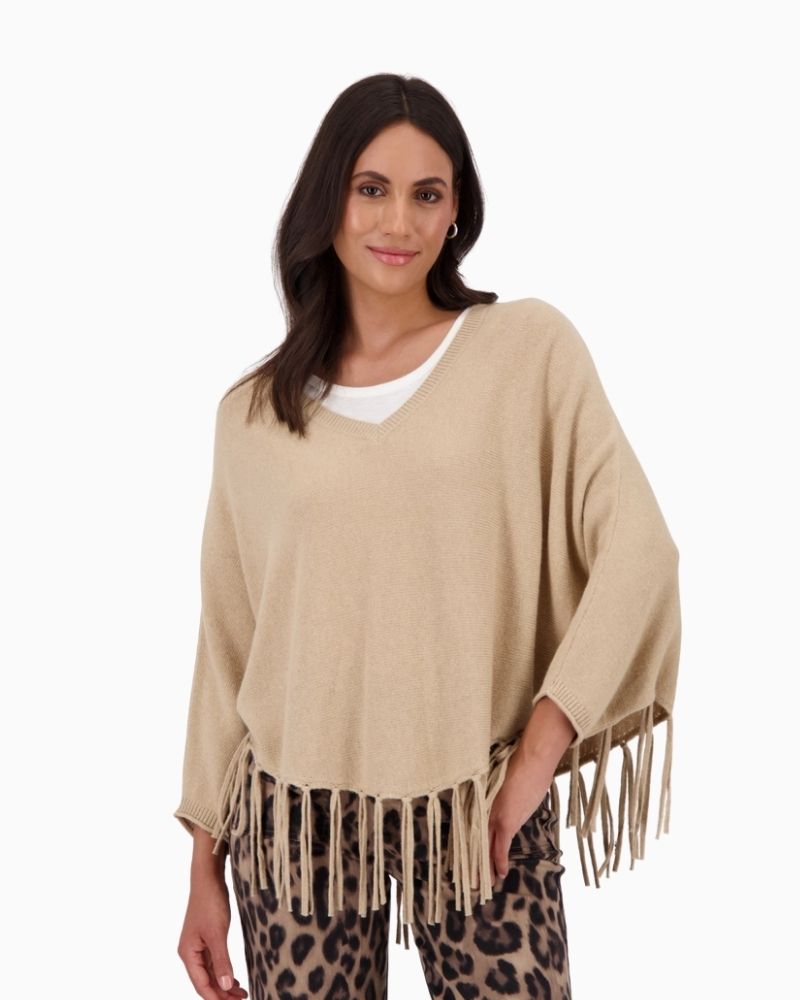 Monari taupe poncho with V-neck, fringes and flowing fabric