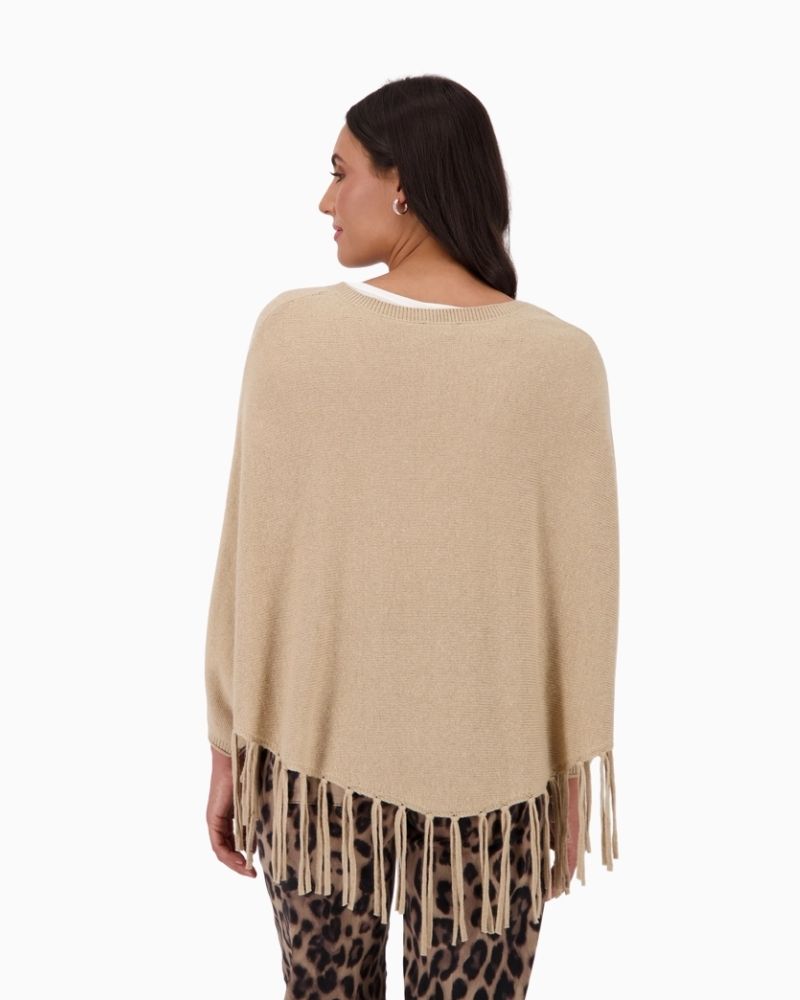 Back view of Monari taupe poncho with V-neck, fringes and flowing fabric