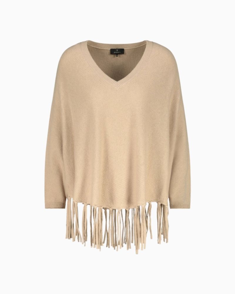 Monari taupe poncho with V-neck, fringes and flowing fabric