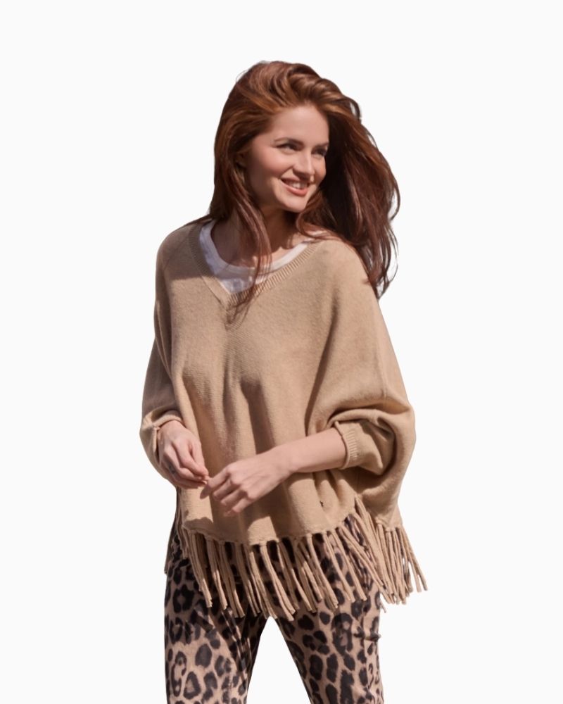Monari taupe poncho with V-neck, fringes and flowing fabric