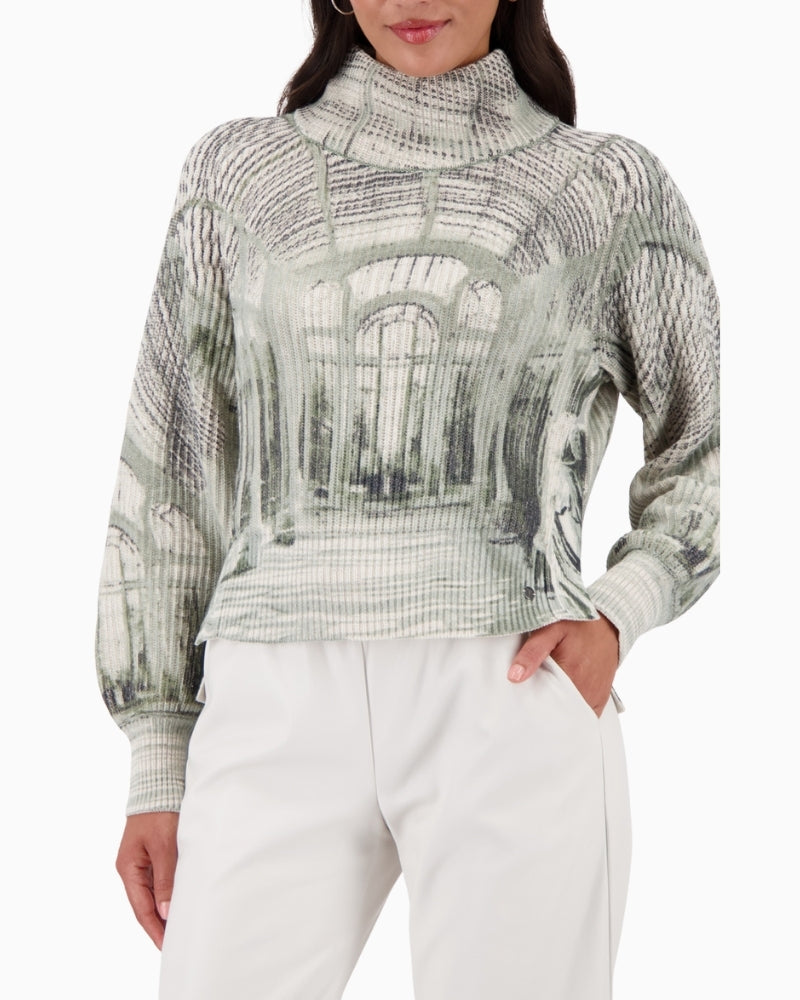 Monari gallery print jumper with stand-up collar in soft cotton blend