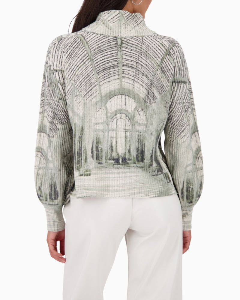 Back view of cotton blend sweater with subtle shimmer thread