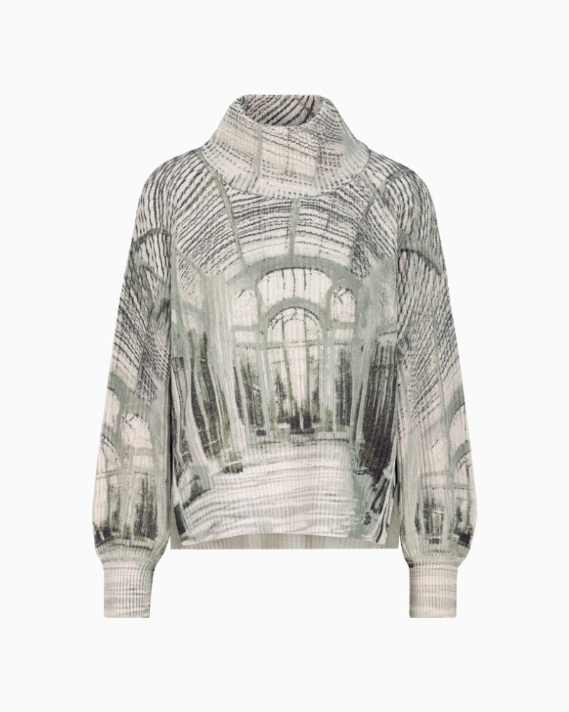 Front view of printed jumper showing bold gallery design and relaxed fit