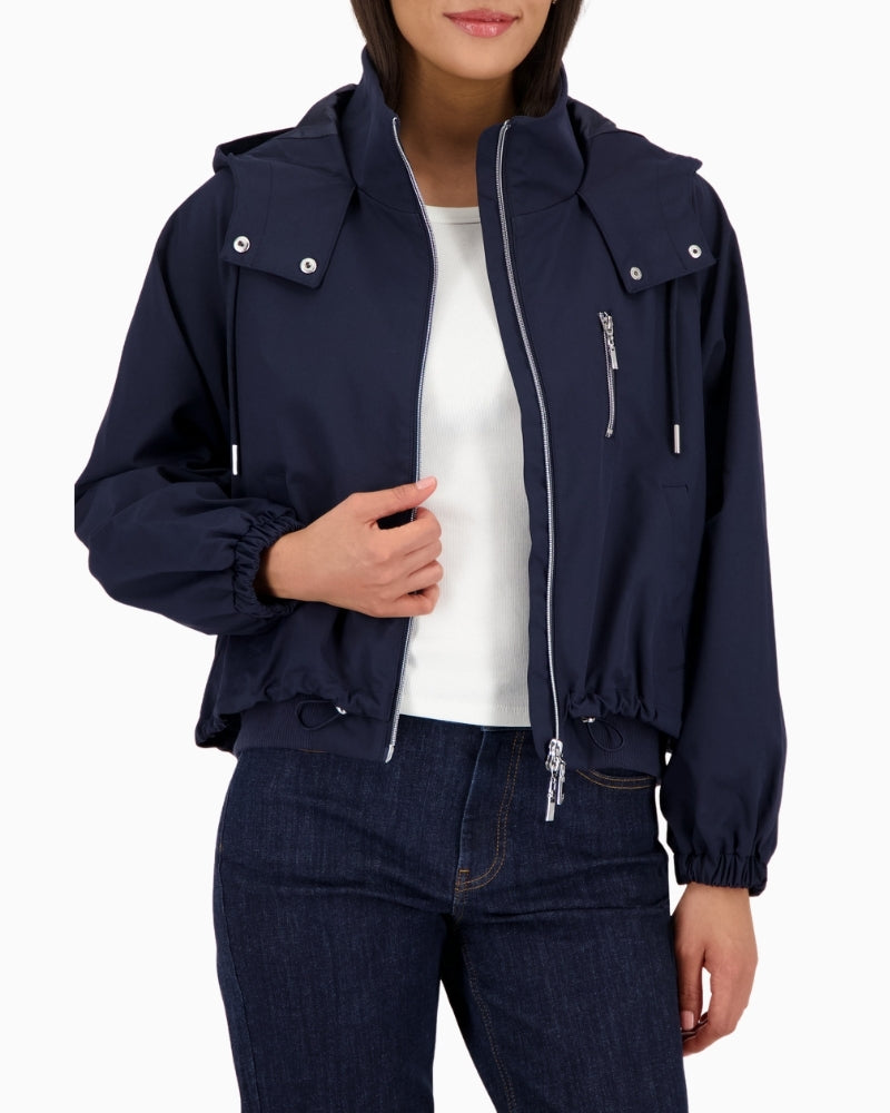 Monari navy hooded jacket, woman wearing front view – Áines Boutique