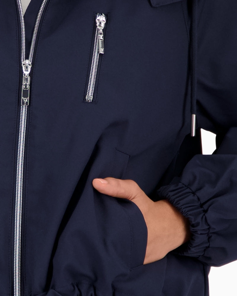 Monari navy hooded jacket ribbed trim and sleeve cuff detail – Áines Boutique