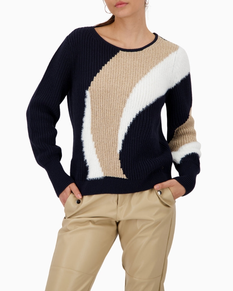 Monari intarsia knit jumper with round neckline and long sleeves