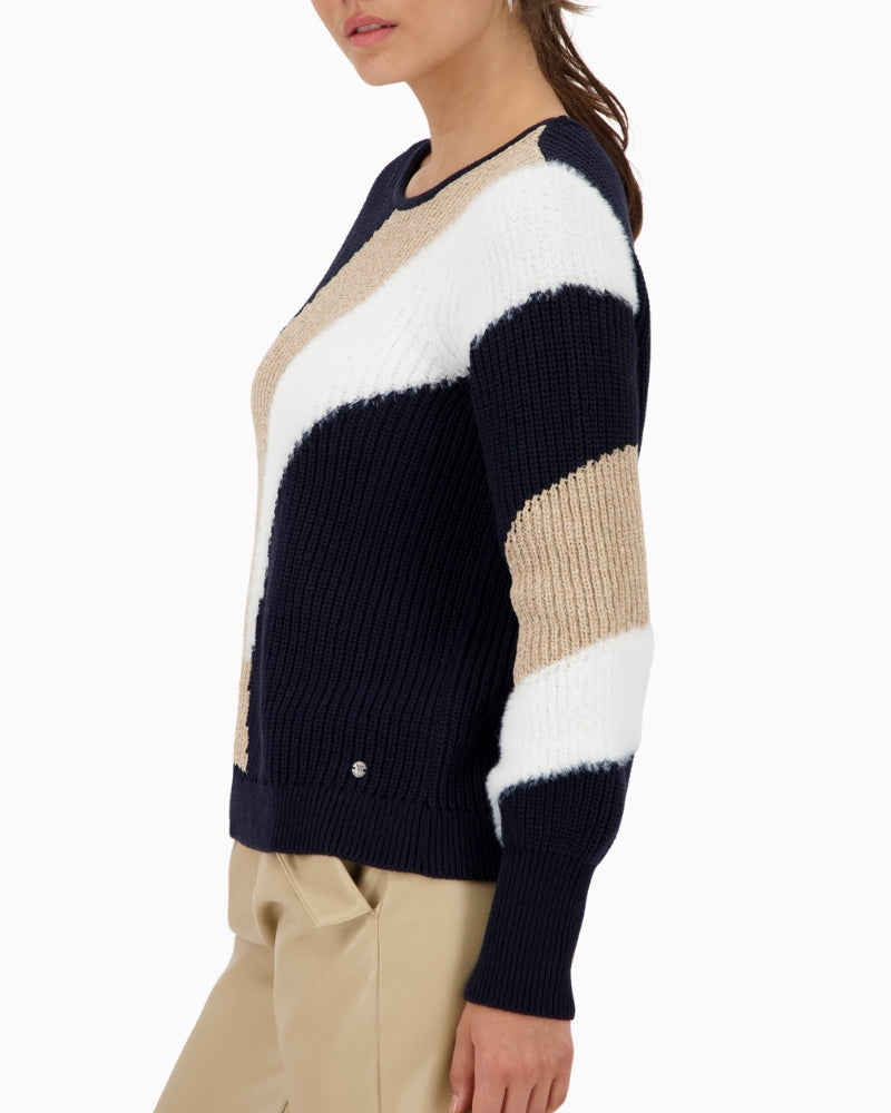 Side view of soft cotton-blend Monari jumper with dropped shoulders