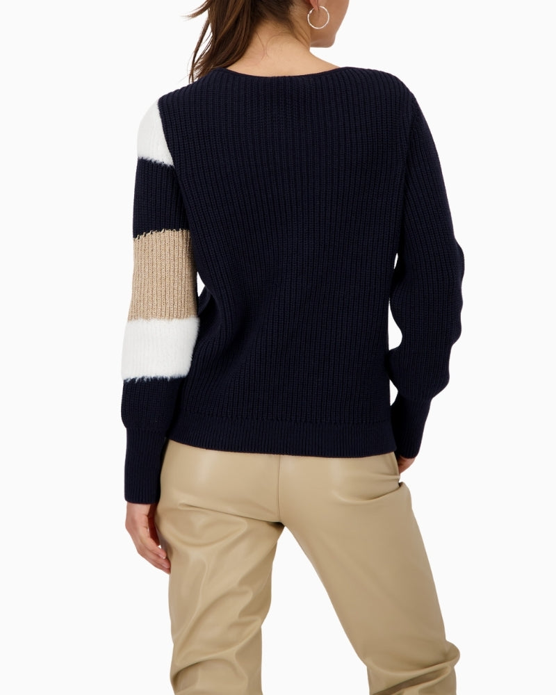 Back view of intarsia pattern jumper showing fluffy knit texture