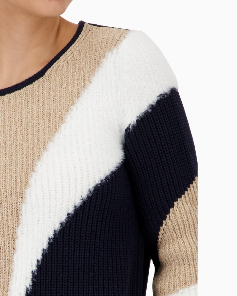 Close-up of glitter lurex detail in Monari patterned sweater
