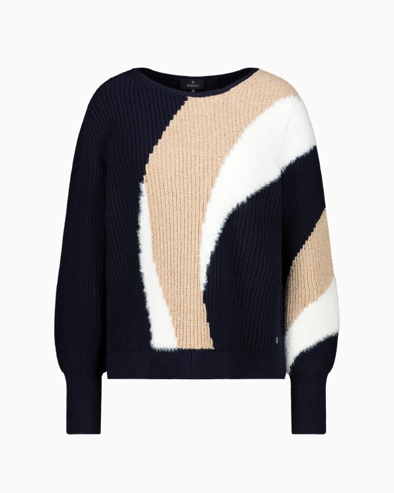 Monari intarsia knit jumper with round neckline and long sleeves