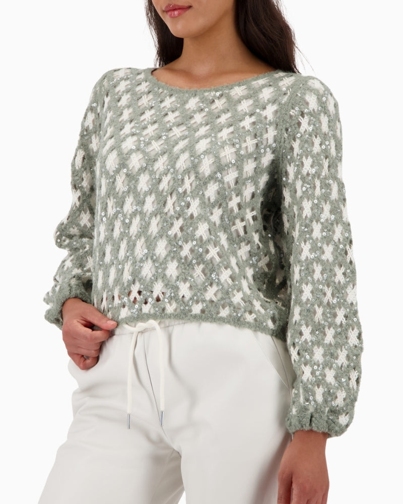 Front view of wool blend jumper with subtle sequins and round neckline