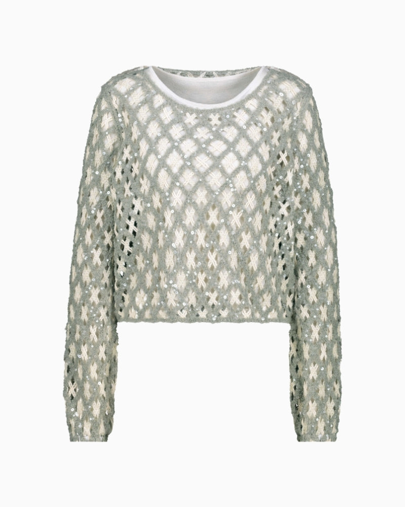 Front view of wool blend jumper with subtle sequins and round neckline