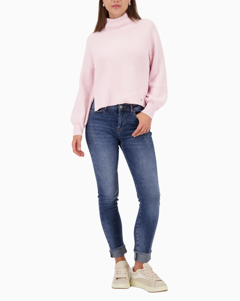 Woman wearing Monari rose knit pullover full front view with stand-up collar – Áines Boutique