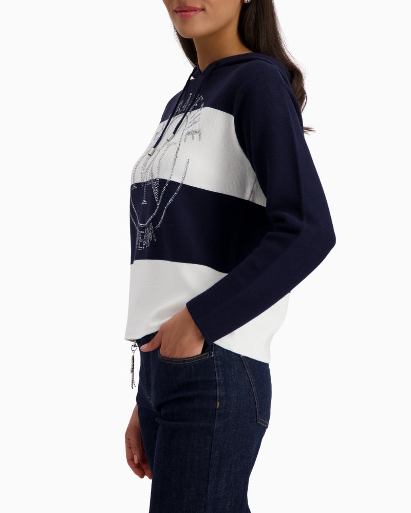 Monari knitted jumper with emblem navy side view with sleeve detail – Áines Boutique