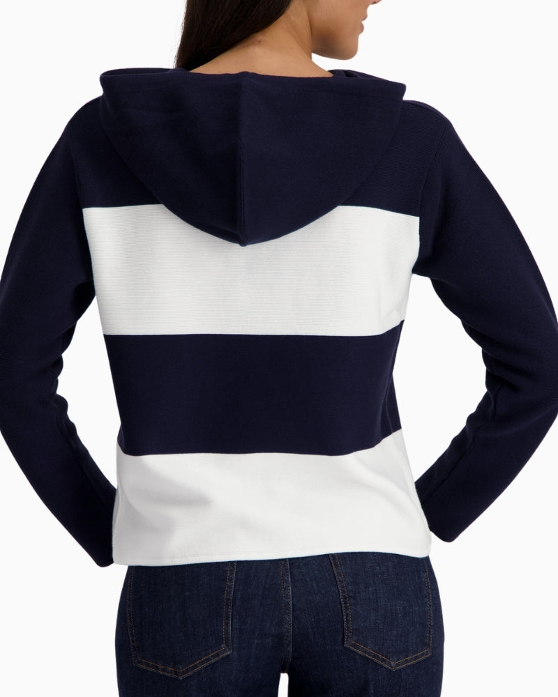 Monari knitted jumper with emblem navy back view showing hood – Áines Boutique