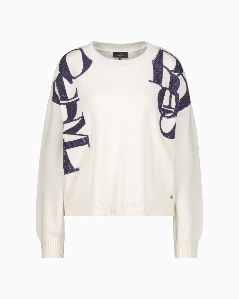 White Monari knitted jumper with bold printed lettering on the front
