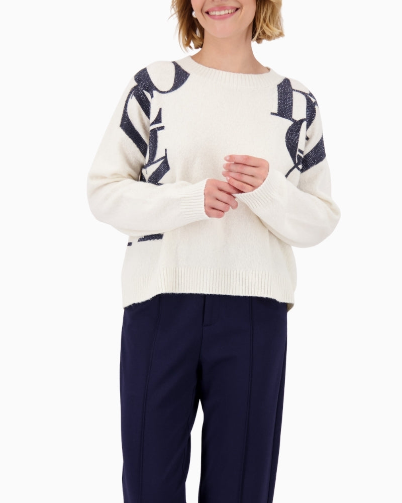 White Monari knitted jumper with bold printed lettering on the front