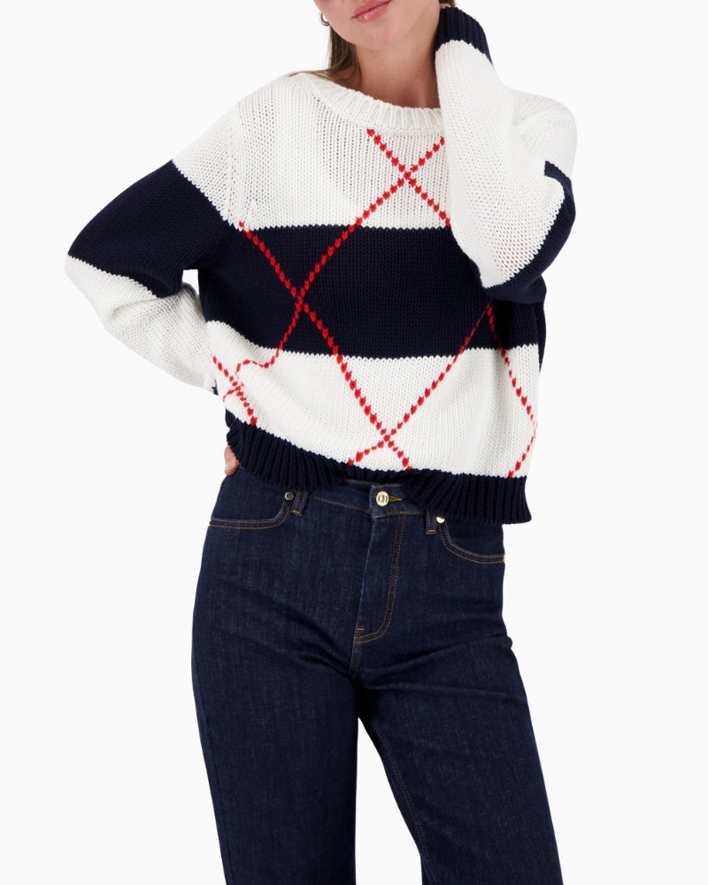 Monari knitted jumper with intarsia pattern off white navy red front view laid flat – Áines Boutique