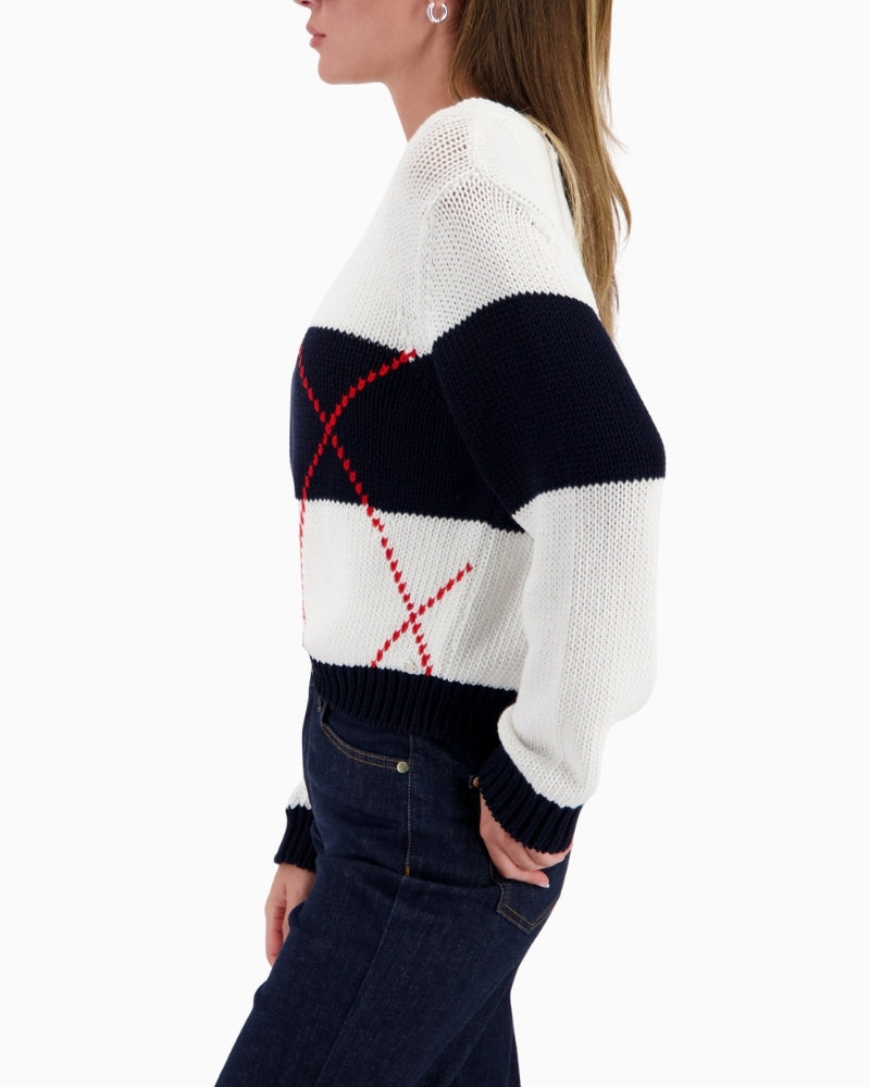 Monari knitted jumper with intarsia pattern off white navy red side view with sleeve shape – Áines Boutique