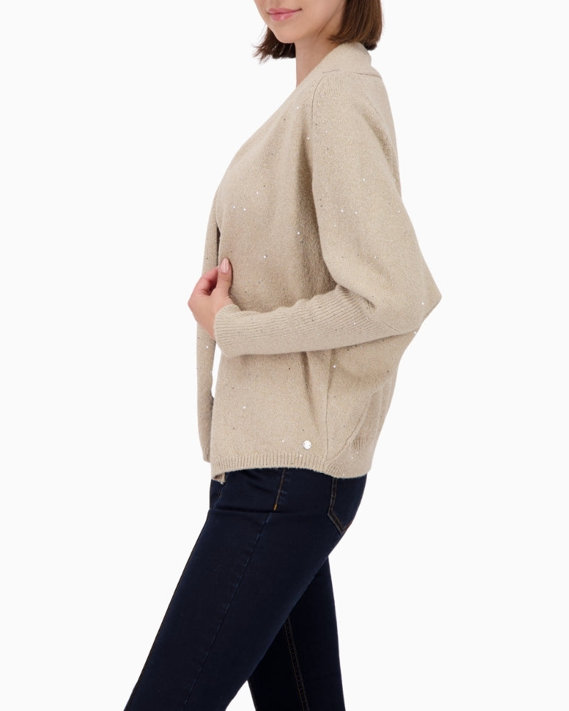 Side view of open-front Monari knit in cotton blend with long sleeves