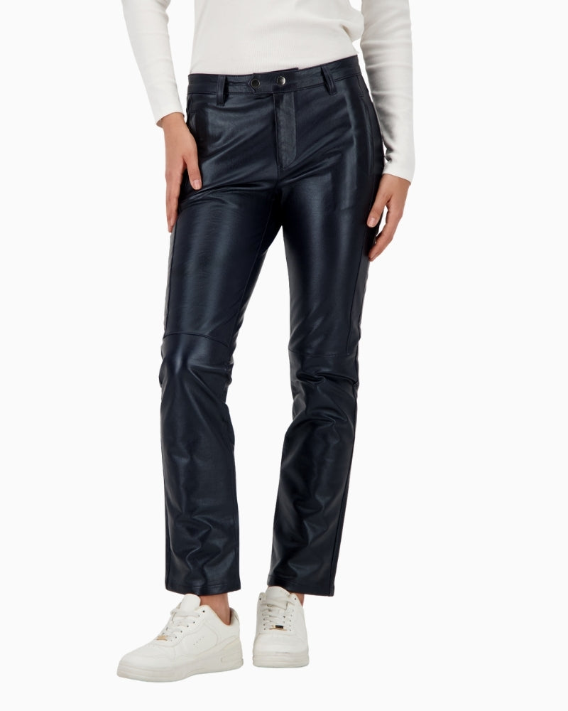 Navy leather-look trousers by Monari with straight leg and cotton stretch