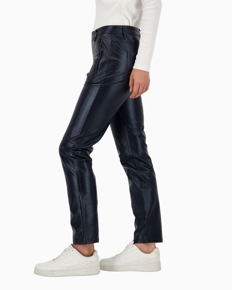 Navy leather-look trousers by Monari with straight leg and cotton stretch